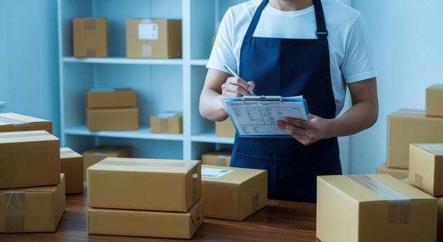 Warehouse Worker Inspecting Inventory and Preparing for Shipping Packages, Managing Online Orders and Small Business Logistics photo