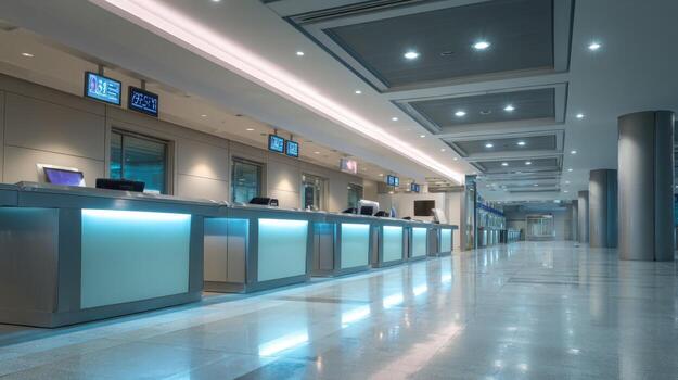Empty Modern Reception Area with Polished Floors and Contemporary Lighting Design Architecture photo