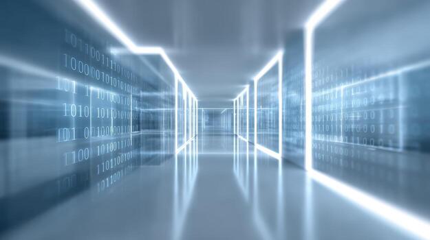 Futuristic Data Center Corridor with Binary Code Reflections and Glowing Geometric Frames, Representing Advanced Technology photo