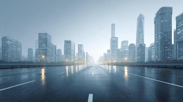 Cityscape on a Rainy Day Modern Skyline with Reflections on Wet Pavement and Urban Architecture photo