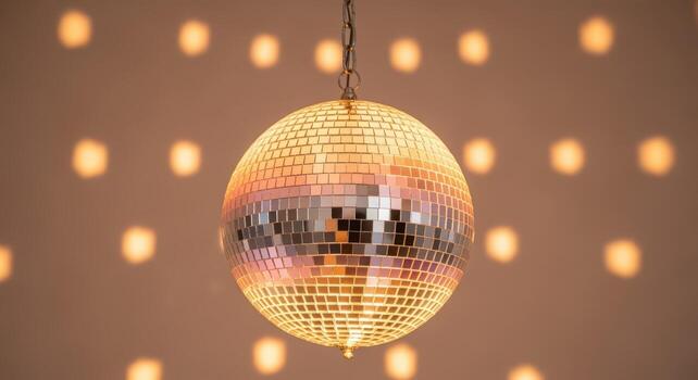 Sparkling Disco Ball Hanging, Reflecting Light Patterns on Wall, Creating a Party Atmosphere and Nostalgic Vibe photo