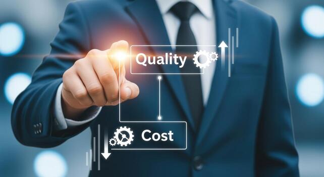 Businessman Demonstrating Quality and Cost Balance Through Digital Interface to Optimize Business Outcomes and Boost Financial Performance photo