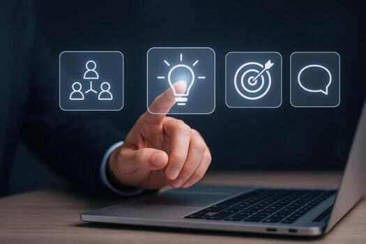 Digital Innovation Business Person Tapping Lightbulb Icon on Interactive Interface Displaying Teamwork, Goal, and Communication photo