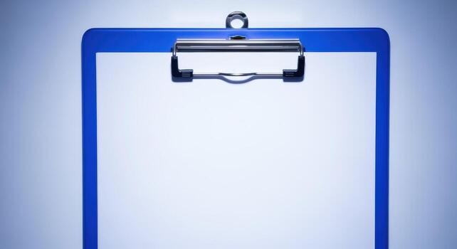 Blue Clipboard with Blank White Paper Ready for Notes and Task Management in Office Environment photo