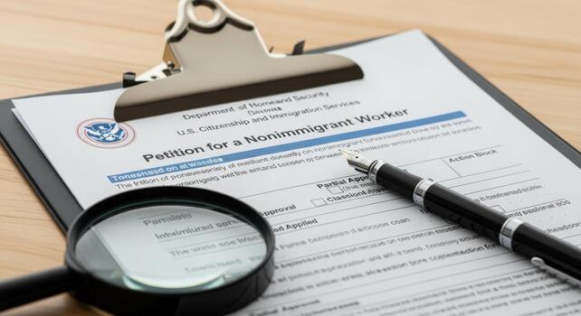 Visa Application Process Detailed View of Form on Clipboard with Pen and Magnifying Glass photo