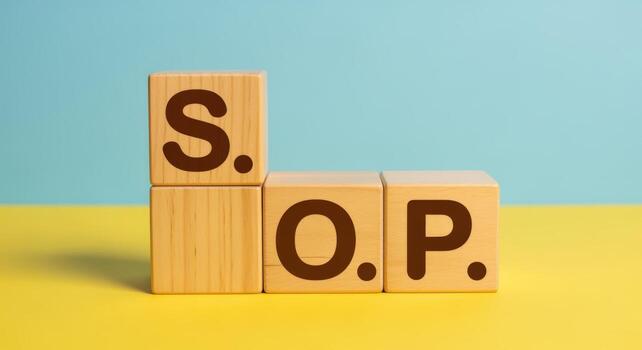 SOP Standard Operating Procedure Wooden Blocks Concept for Business Processes and Compliance on Colorful Background photo