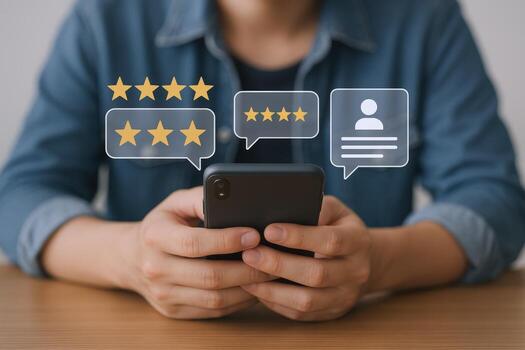 Customer Reviews on Mobile Phone Man Interacting With Digital Ratings, Feedback, and Social Profile Icons photo