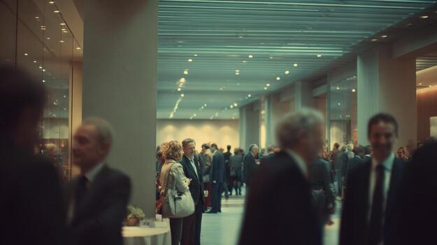 Blurred Corporate Crowd Gathering in Modern Convention Center Lobby for Business Conference photo