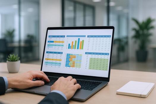 Financial Analyst Reviewing Data Charts and Graphs on Laptop for Business Strategy in Office photo