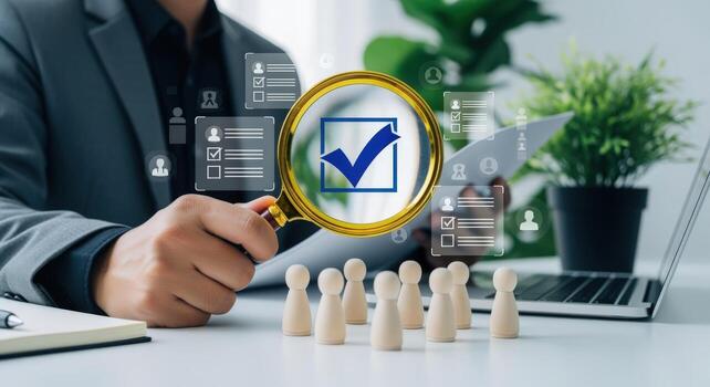 Human Resources Management Recruitment Process with Loupe Analyzing Candidate Profiles and Employee Selection for Hiring photo