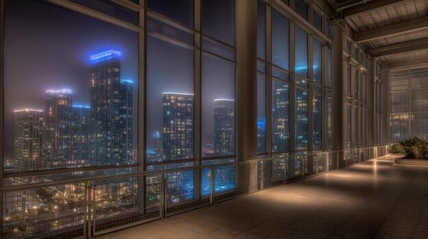 Cityscape View from Modern High-Rise Night Scene with Illuminated Skyscrapers and Contemporary Architecture photo