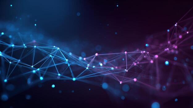 Abstract Network Connection Structure with Blue and Pink Nodes, Lines, and Bokeh Lights on Dark Background photo