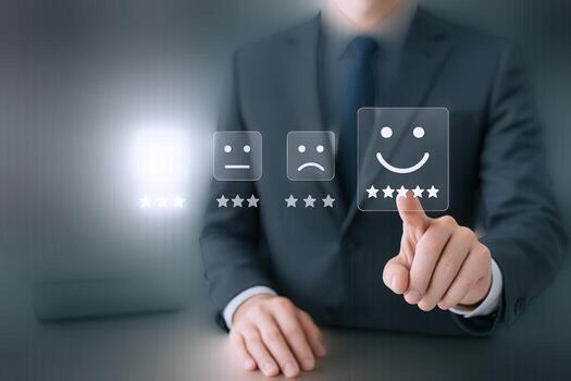 Customer Satisfaction Survey Businessman Selecting Positive Feedback on Interactive Screen, Showing Excellent Service and Experience photo