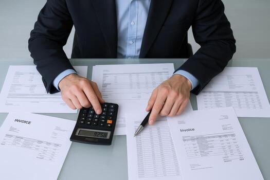 Accountant Analyzing Financial Documents with Calculator and Pen for Business Finances and Tax Reporting photo
