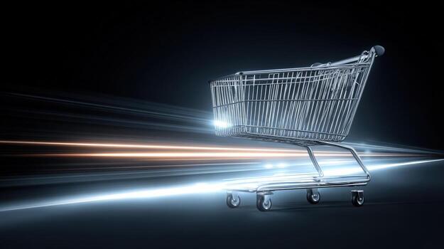 Empty Shopping Cart Speeding with Motion Blur Streaks on Dark Background Representing Fast Delivery or Online Shopping photo