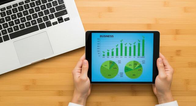 Business Data Analysis on Tablet Displayed by Hands Near Laptop on a Wooden Desk photo