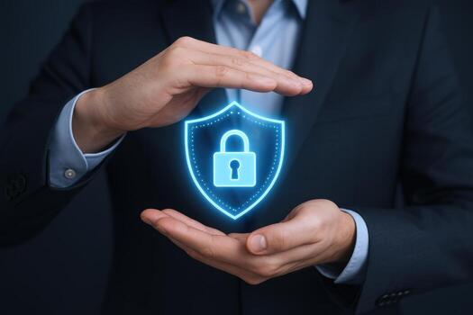 Data Protection Concept Businessman Safeguarding Information with Shield and Lock, Representing Cybersecurity and Privacy in Digital World photo