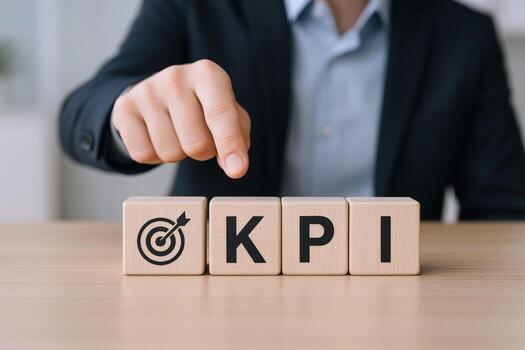 Demonstrating Key Performance Indicators Person Points to KPI Blocks for Business Success and Goal Achievement photo