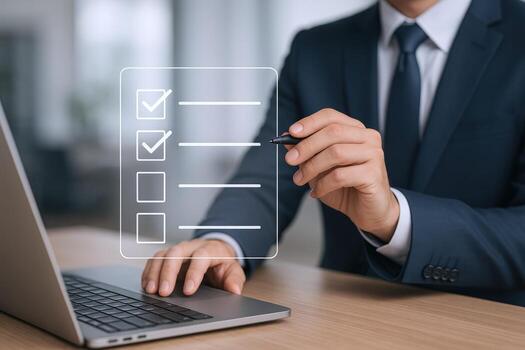 Business Professional Completing Digital Checklist On Laptop For Task Management And Productivity Enhancement photo