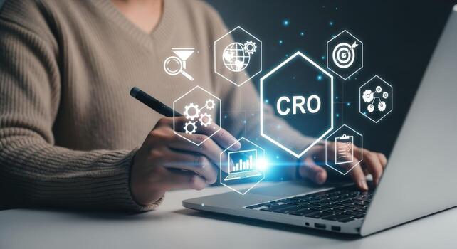 Conversion Rate Optimization Strategy Businesswoman Analyzing Data on Laptop for CRO Improvement and Digital Marketing photo