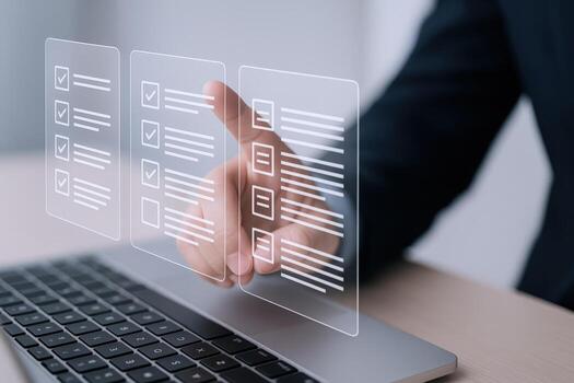 Digital Checklist on Laptop Business Person Verifying Tasks and Completing Online Form for Efficiency photo