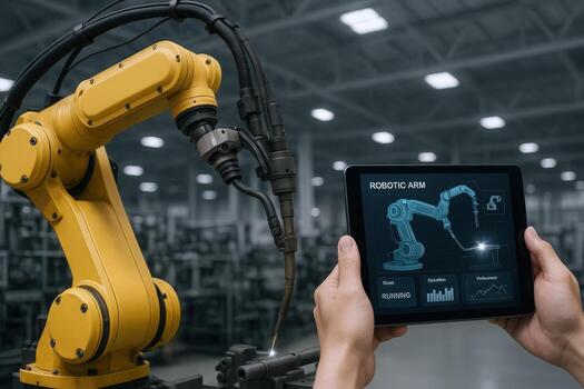 Robotic Arm Welding Controlled by Tablet Modern Industry Automation and Precision Manufacturing Process photo