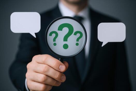 Businessman Holding Magnifying Glass with Question Marks and Speech Bubbles on a Gray Background photo