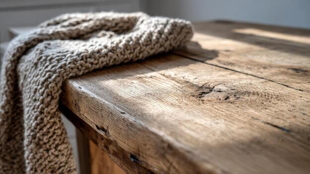 Cozy Knit Blanket on Rustic Wooden Table Surface, Warm Texture Detail in Soft Light photo