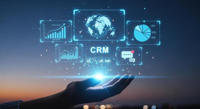 CRM Technology Concept Customer Relationship Management Solution, Digital Marketing Strategy, Data Analytics and Automation Software on Hand photo