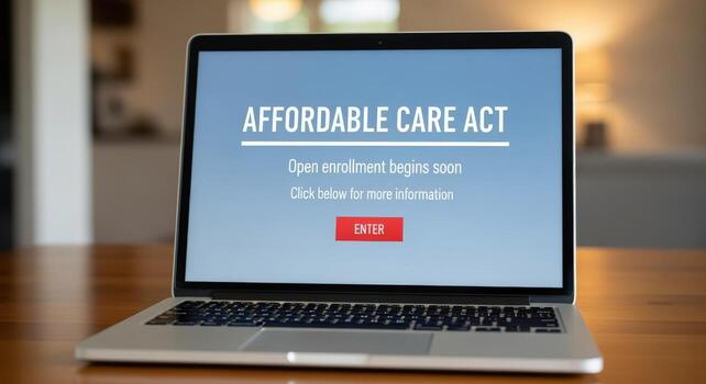 Laptop Displaying Affordable Care Act Information, Open Enrollment Announcement for Healthcare Access and Coverage Options photo