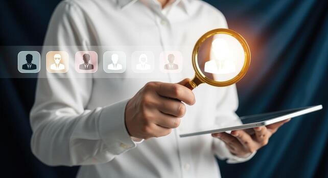 Hiring Process Concept Person Using Magnifying Glass to Review Potential Job Candidates on Digital Interface photo