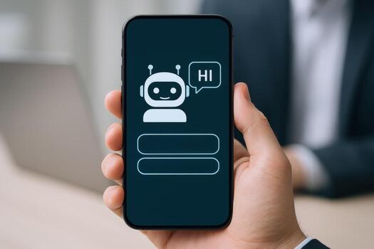 Man Holding Smartphone Displaying Chatbot Application Interface for Customer Service and Mobile Technology Engagement photo