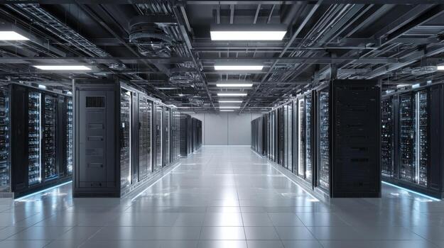 Data Center with Rows of Server Racks High-Tech Infrastructure for Cloud Computing and Data Storage photo