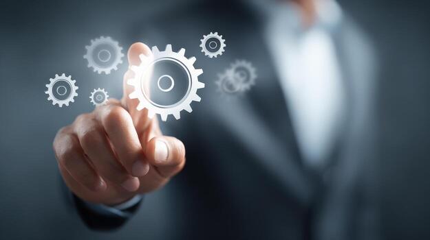 Business Professional Activating Digital Gears Concept of Technology, Automation, and Innovation in Corporate Strategy photo