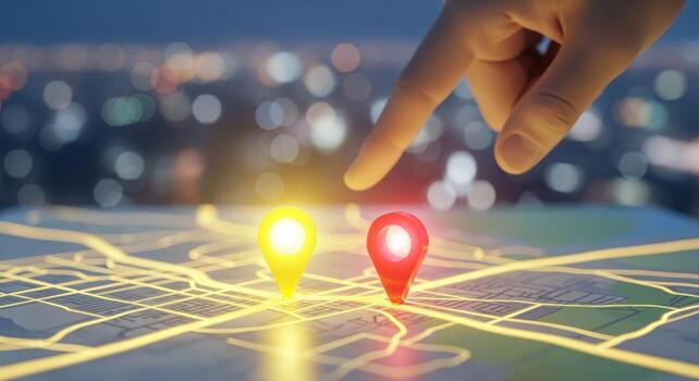 Navigation and Location Concept Hand Pointing to Map with Destination Pins Against Cityscape Background photo