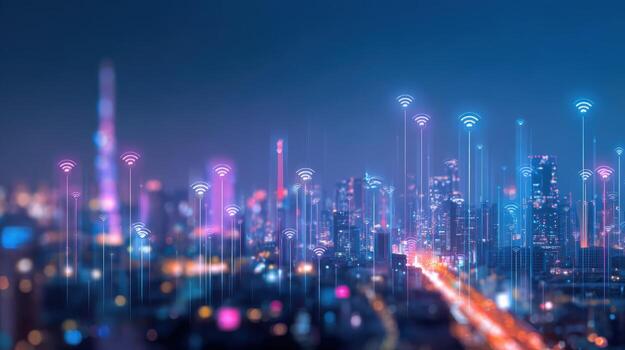Smart Cityscape at Night with Wireless Communication Network and Data Transmission via Futuristic Connection photo