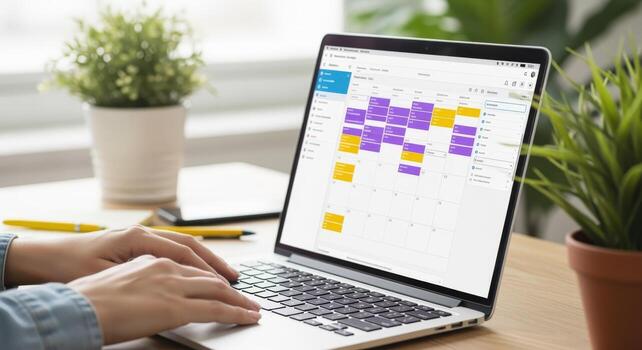 Person Using Calendar App on Laptop for Scheduling and Time Management in Modern Workspace photo