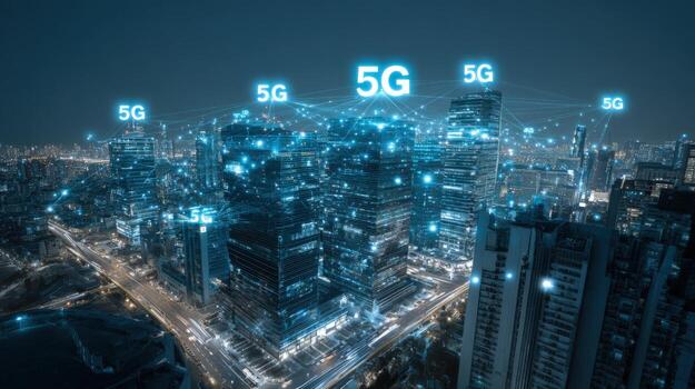 Futuristic Cityscape with 5G Network Connectivity, Illustrating Wireless Technology and Modern Urban Infrastructure for High-Speed Data Transfer photo