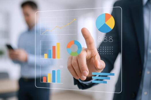 Professional Analyzing Digital Data on Interactive Screen Displaying Charts and Graphs, Demonstrating Business Intelligence and Strategy photo