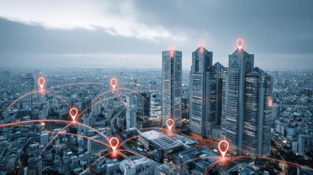 Connected Urban Landscape Aerial View of Cityscape with Location Pins and Network Connectivity photo