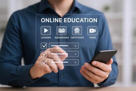 Engaged Learner Navigating Online Education Platform via Smartphone for Interactive Courses and Skill Development photo
