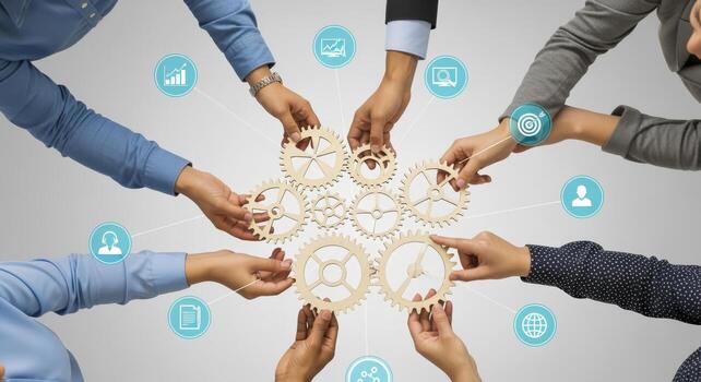 Teamwork Concept with Gears and Hands Collaboration, Innovation, and Business Strategy Illustration on Gray Background photo
