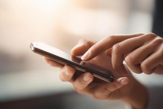 Close-up of hands using mobile phone, person interacting with touchscreen interface for communication or application photo