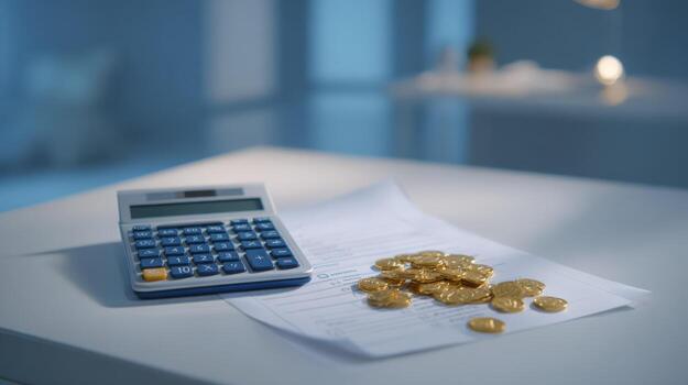 Calculator, Money, and Documents on a Table, Financial Calculation, Economic Analysis, Investment Planning, and Budgeting photo