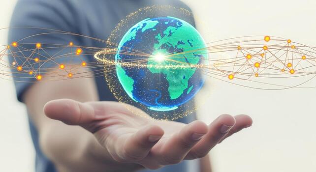 Global Connectivity Concept Man Holding Holographic Earth with Data Network, Representing Worldwide Communication and Technology photo