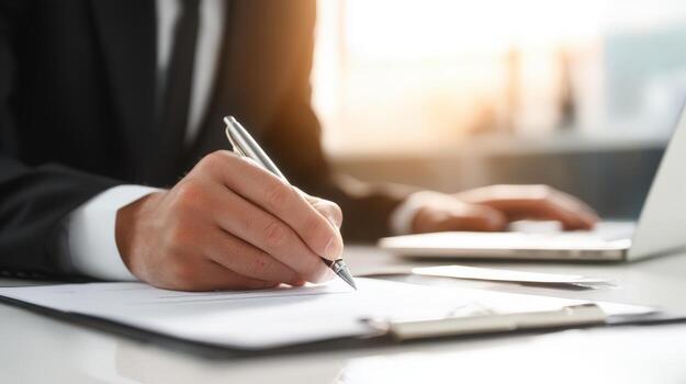 Executive Signing Business Document with Pen on Desk in Bright Modern Office Setting photo