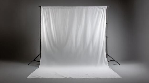 Studio Backdrop Setup Featuring a White Cloth on a Stand, Ideal for Product Photography and Portraiture photo