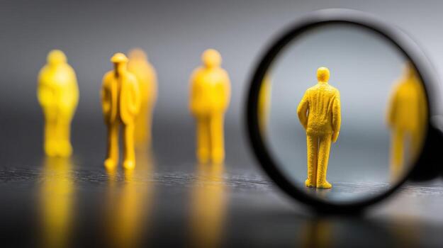 Talent Acquisition Magnifying Glass Focuses on a Single Yellow Figure Representing Human Resources and Recruitment photo