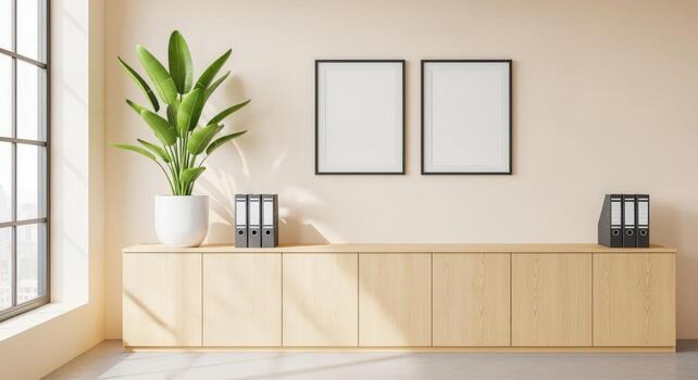 Minimalist Office Interior with Plant, Cabinet and Frame Mockups for Display and Modern Design photo
