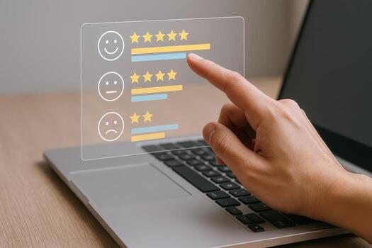 Customer Feedback Interface with Hand Selecting Options on Laptop Screen Representing Satisfaction and Service Evaluation photo